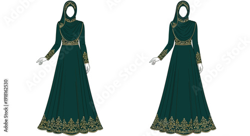 Elegant green Islamic dress with gold embroidery for formal occasions.