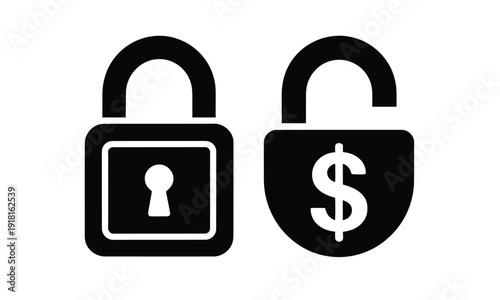 Secure padlock icons, with dollar sign, vector illustrations ideal for finance security, banking apps, digital payment protection, online transactions, business safety, and money-related symbols