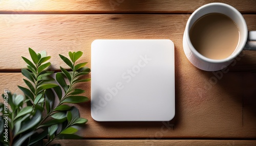 Wallpaper Mural blank square coaster on a rustic wooden table with a white coffee cup and greenery under soft natural light ideal for branding and promotional product displays Torontodigital.ca