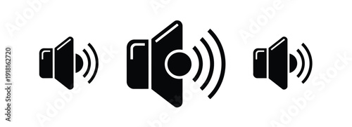 Sound wave speaker icons, with mute symbol, modern audio control vector set ideal for media interfaces, mobile apps, website UI design, multimedia projects, and technology branding