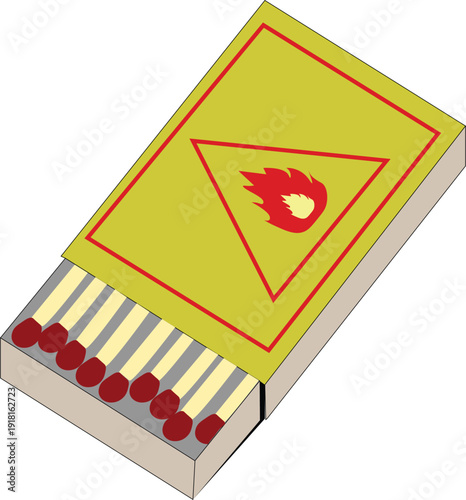 Open matchbox with wooden matches and fire flame symbol, isometric vector illustration isolated on white background.