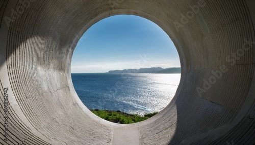 Wallpaper Mural serene coastal view through a circular aperture in a modern concrete structure Torontodigital.ca