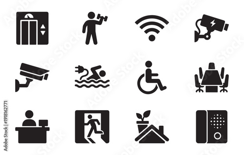 Building Amenities and Accessibility Icon Set for Property Listings, Facility Management Platforms and Inclusive Infrastructure Planning