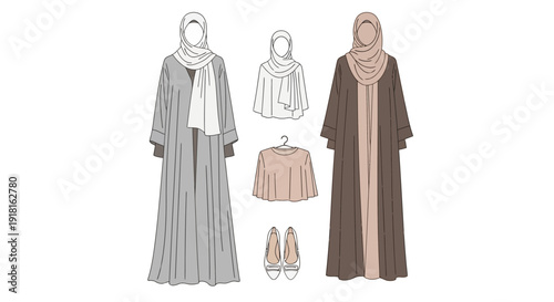 Traditional Islamic Clothing for Women with Accessories and Outfit Variations.