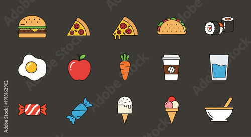 Colorful set of essential food and drink vector icons, ideal for digital design, menu interfaces, and nutrition-related content for diverse culinary themes
