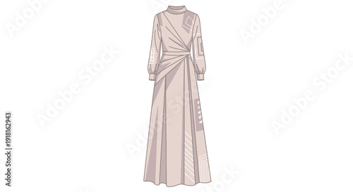 Elegant long-sleeved formal dress with draped design and high neckline.