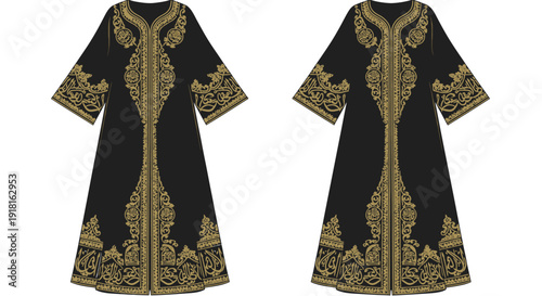 Traditional black and gold embroidered long coat or dress fashion illustration.