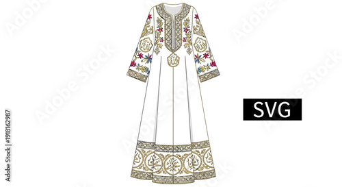 Traditional embroidered white long dress with intricate designs and patterns.