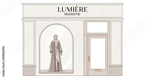 Elegant storefront with a mannequin in a long coat displayed in the arched window.