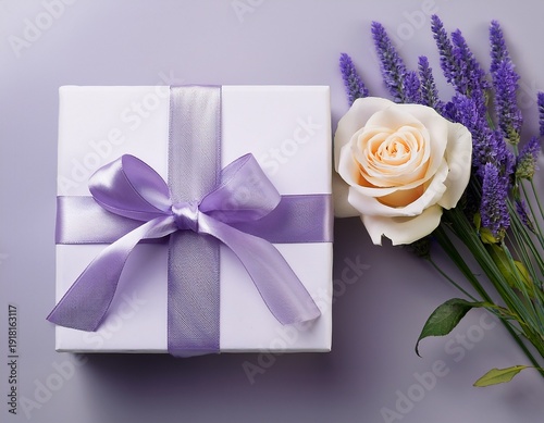 Wallpaper Mural elegant white gift box adorned with a delicate lavender ribbon and a creamy rose Torontodigital.ca