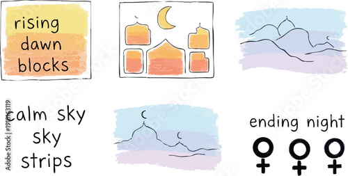 Hand drawn minimalist pastel vector set with rising dawn blocks mosque silhouette crescent moon calm sky stripes and ending night female gender symbols outline composition