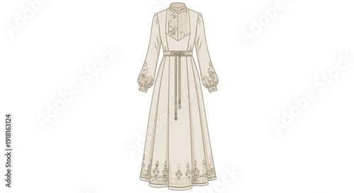 Elegant long-sleeved dress with intricate embroidery and flowing skirt.