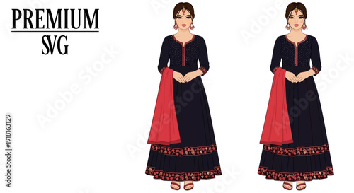 Woman wearing traditional Indian dress with red and black colors.