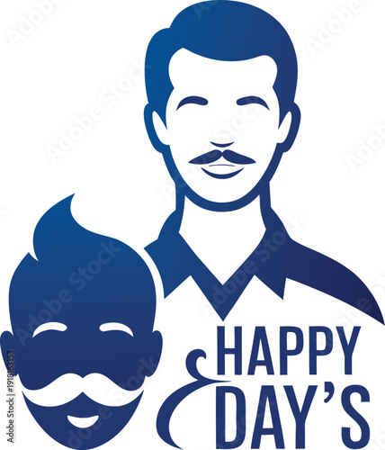 A blue graphic illustration of a man and a mustache with the text happy day's