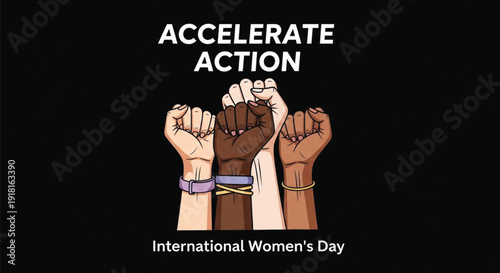 International Women’s Day Diverse Fists Unity Illustration on Black Background