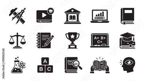 Education and Academic Achievement Icon Set for E-Learning Platforms, School Curriculum Design and Knowledge Management Systems
