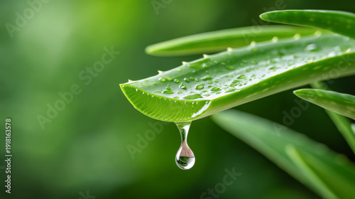 Aloe vera leaf with water droplets on green background for natural skincare design