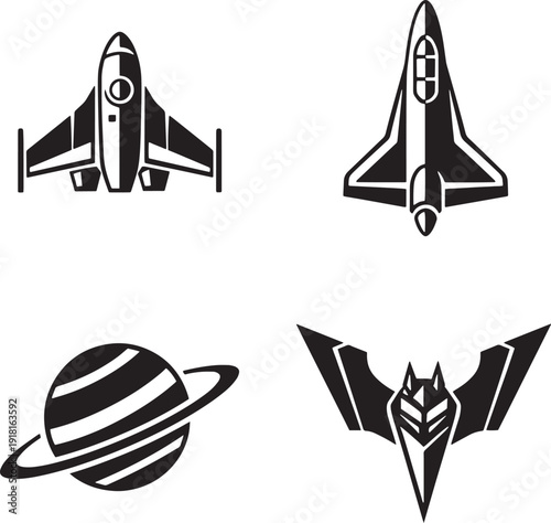 Space and aviation icons set isolated on transparent background