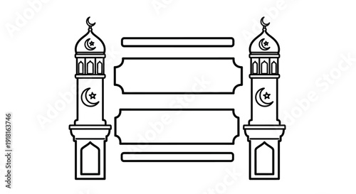 Islamic architectural elements with crescent moons black outline silhouette