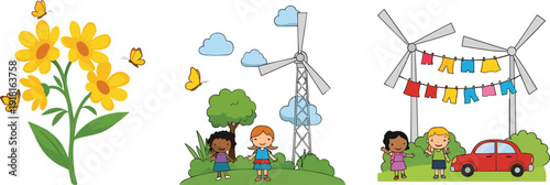 Renewable energy wind turbines with children nature flowers and eco friendly lifestyle cartoon vector illustration set