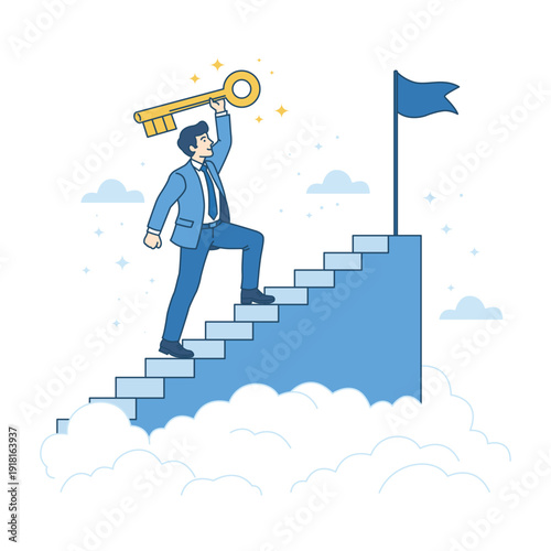Key to business success and career target concept. Businessman winner walking up stairway to flag, lifting golden success key to the sky. Leadership, achievement and motivation to find secret solution