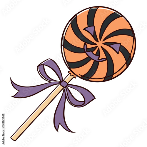 Halloween lollipop candy featuring pumpkin face with a tied ribbon shows fun spirit