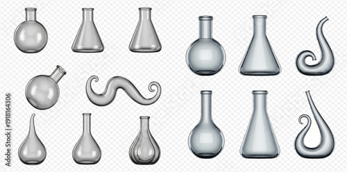 Set of transparent glass laboratory flasks and beakers with various shapes for scientific experiments.