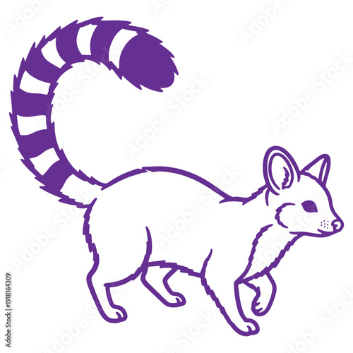Stylized line art illustration of a playful purple ringtailed lemurlike creature in motion depicted with a bushy striped tail and alert ears suitable for childrens themes and educational content