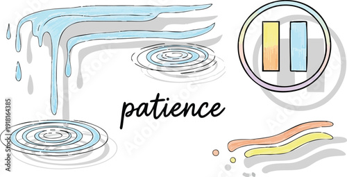 Minimalist flat design illustration of water drops falling ripples and patience word calm concept with soft pastel colors light shadows and hand drawn style elements