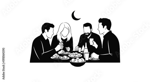 A group enjoys a meal together under the moon a striking silhouette