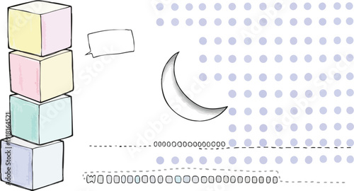 Hand drawn pastel colored stacked cubes next to crescent moon and dotted abstract pattern with speech bubble in minimal sketch style