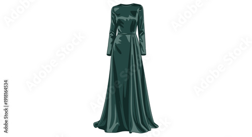 Elegant long-sleeved emerald green evening gown with satin finish.