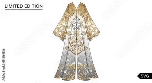 Luxurious white and gold embroidered traditional robe or kimono with intricate designs.