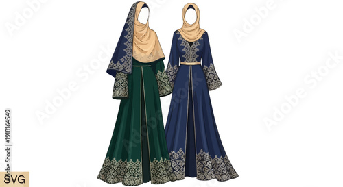 Two women wearing traditional Islamic clothing with intricate designs.