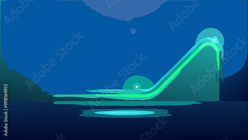 Glowing neon wave crashes on futuristic mountain shore at night