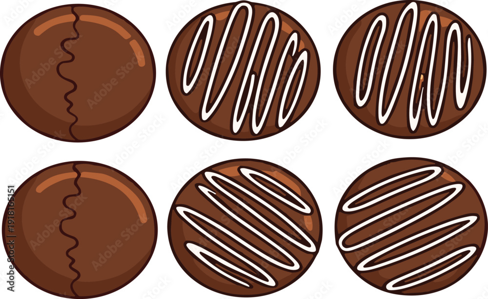 Fototapeta premium Top view chocolate candy collection with drizzle decoration isolated sweet dessert confectionery vector illustration set design
