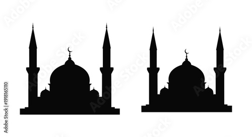 Black silhouettes of two islamic mosques with crescent moons silhouette