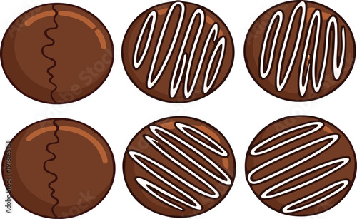 Top view chocolate candy collection with drizzle decoration isolated sweet dessert confectionery vector illustration set design
