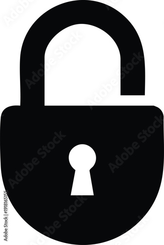 Black silhouette of an open padlock with a white keyhole on a white background symbolizing