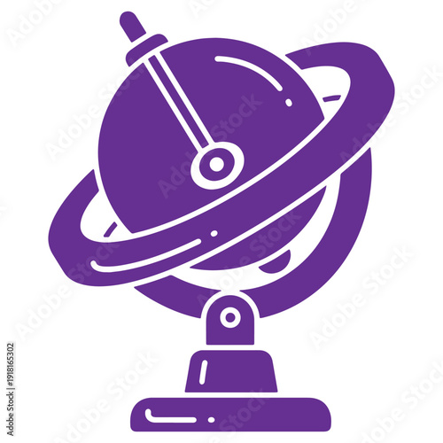 Stylized purple illustration of an armillary sphere showing celestial movement and astronomical alignment with a stand isolated on transparent background