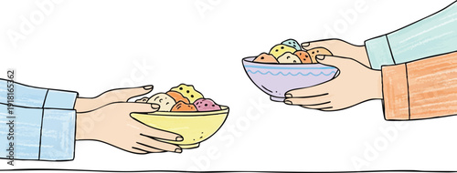 Two hands holding bowls of colorful assorted ice cream scoops sharing dessert in pastel colors doodle style in close up view with simple minimal outlines