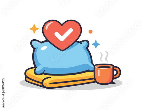 Everyday emotional comfort through creating a cozy and tidy resting spot at home, a soft cushion paired with a heart icon symbolizing safety, warmth
