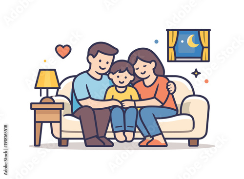 Peaceful family evening centered on emotional closeness and rest at the end of the day, two adults and a child sitting together on a sofa with a soft