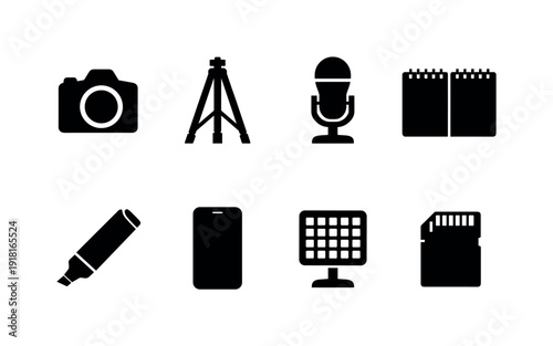 Creative production toolkit negative space design, solid black fills, minimalist conceptual shapes, high contrast, bold silhouette: camera, tripod