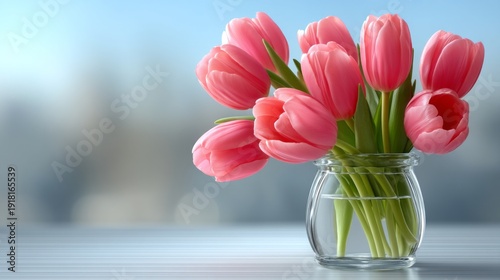 A vase of pink tulips sits on a table