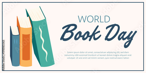 Vector horizontal banner featuring books and World Book Day text.