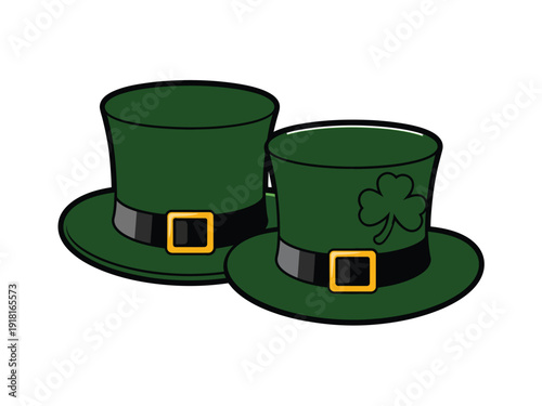 Two green leprechaun top hats with buckles sit together on a white background.