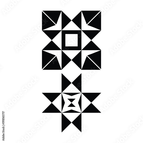 Geometric black and white design featuring nested squares and star shapes