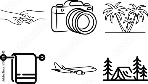 This set of digital camera icons features a black vector illustration design of photography equipment including vintage film lenses and flash technology symbols for photographer art