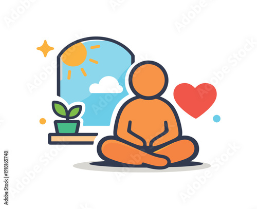 Everyday emotional comfort through a short grounding pause near natural light at home, a window paired with a heart icon symbolizing presence, warmth